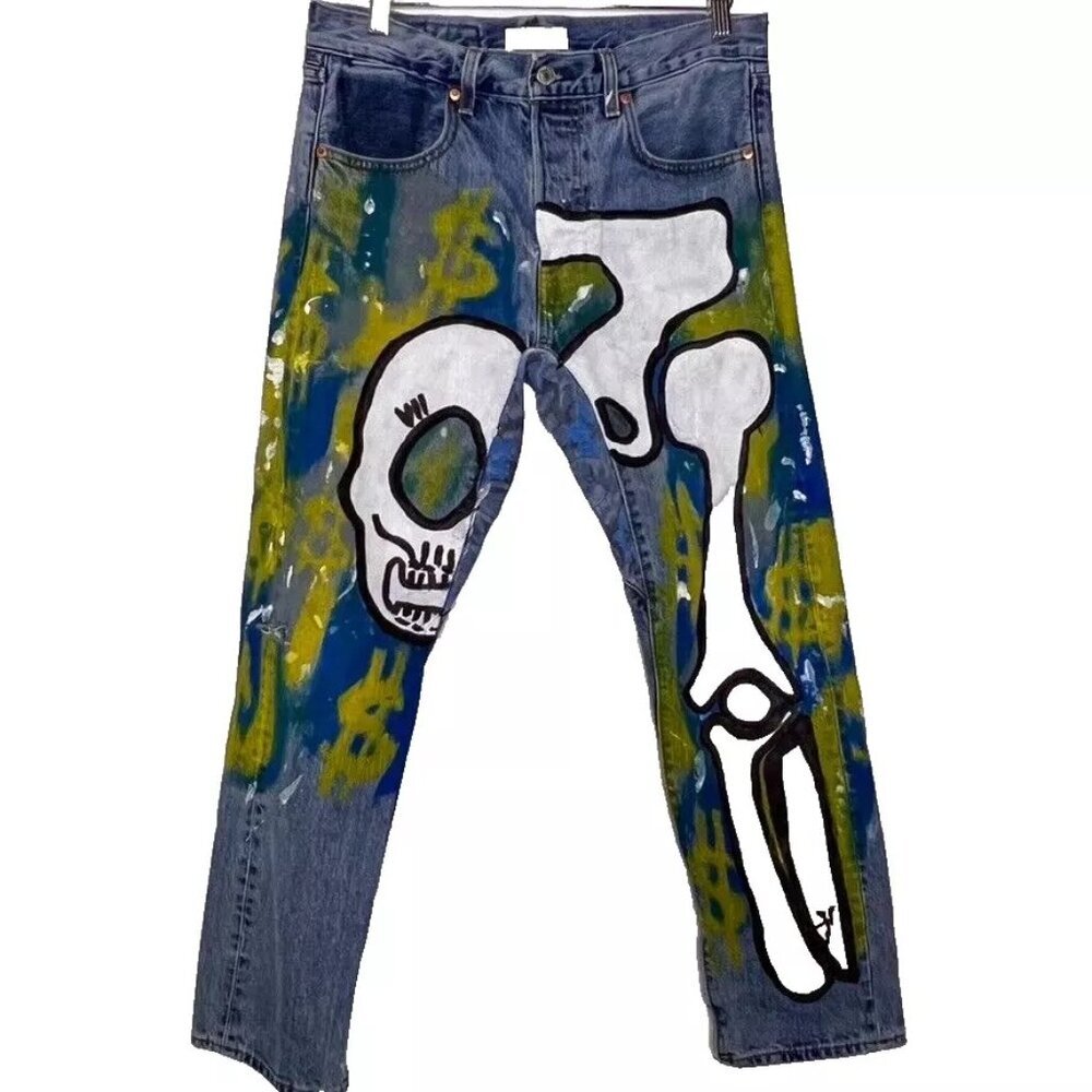 Levis Altered Jean Hand Paint Skeleton Skull Halloween‎ Art Indie Skater Punk 30
